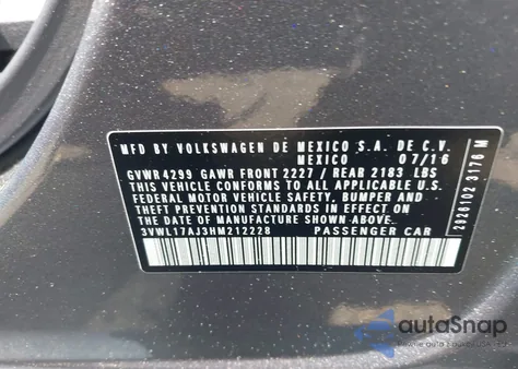 2017 Volkswagen Jetta 1.8T Sel from USA, damaged, VIN 3VWL17AJ3HM212228